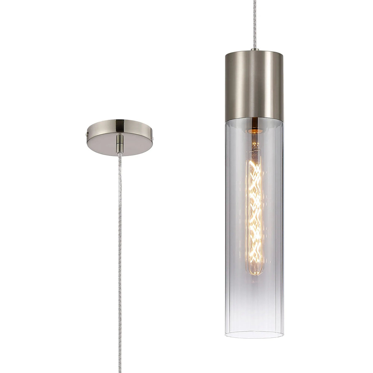 Usher Pendant With Tubular Glass, 1 x E27, Satin Nickel/Smoke Fade/Clear Twisted Cable