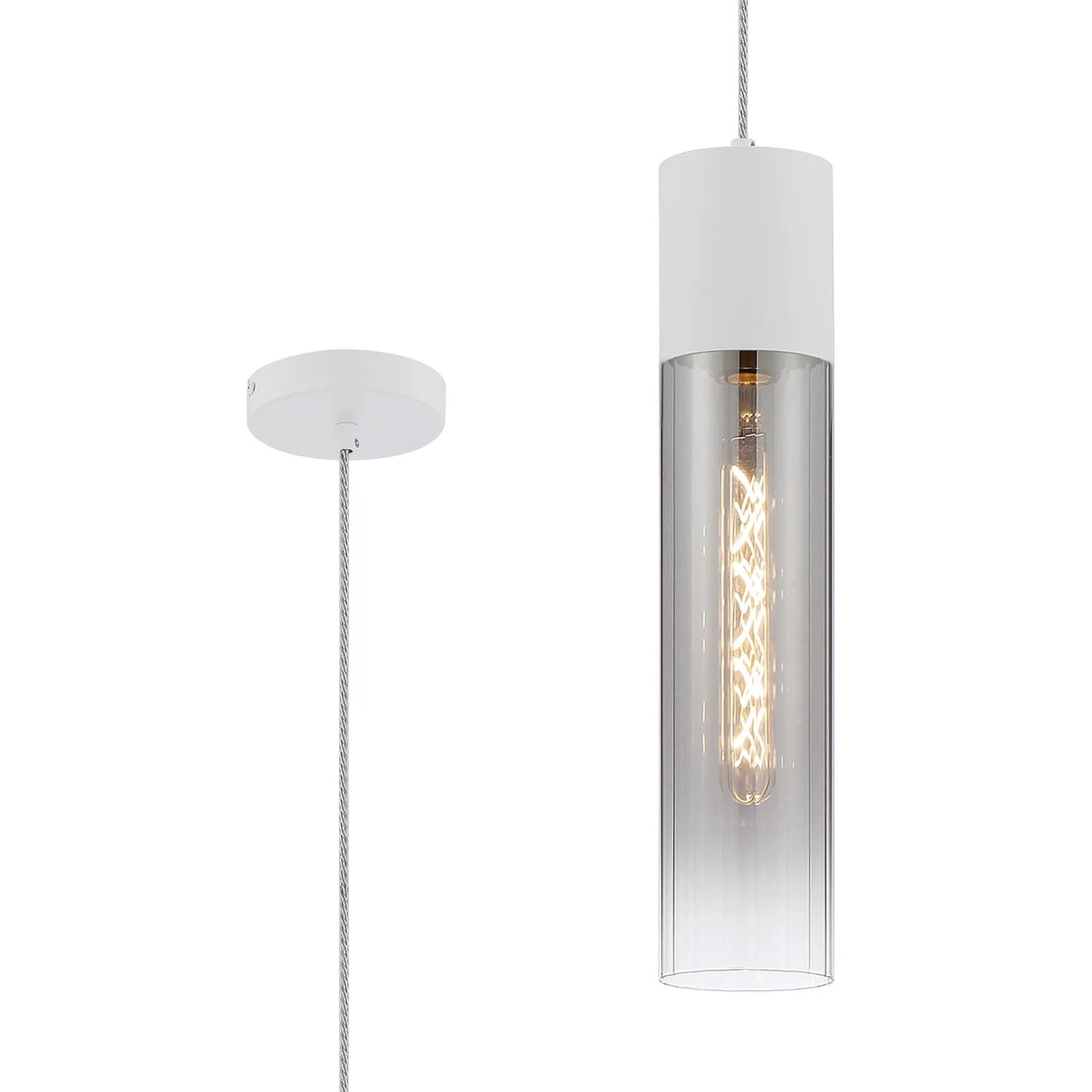 Usher Pendant With Tubular Glass, 1 x E27, Satin White/Smoke Fade/Clear Twisted Cable