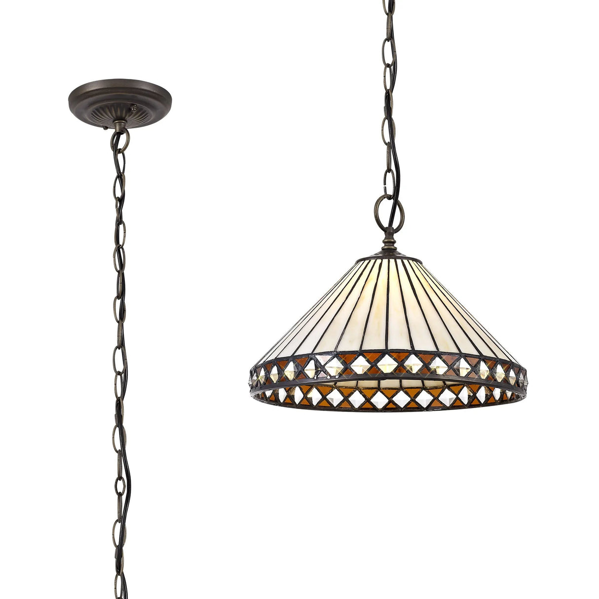 Wearne 1 Light Downlighter Pendant E27 With 30cm Tiffany Shade, Amber/Cream/Crystal/Aged Antique Brass