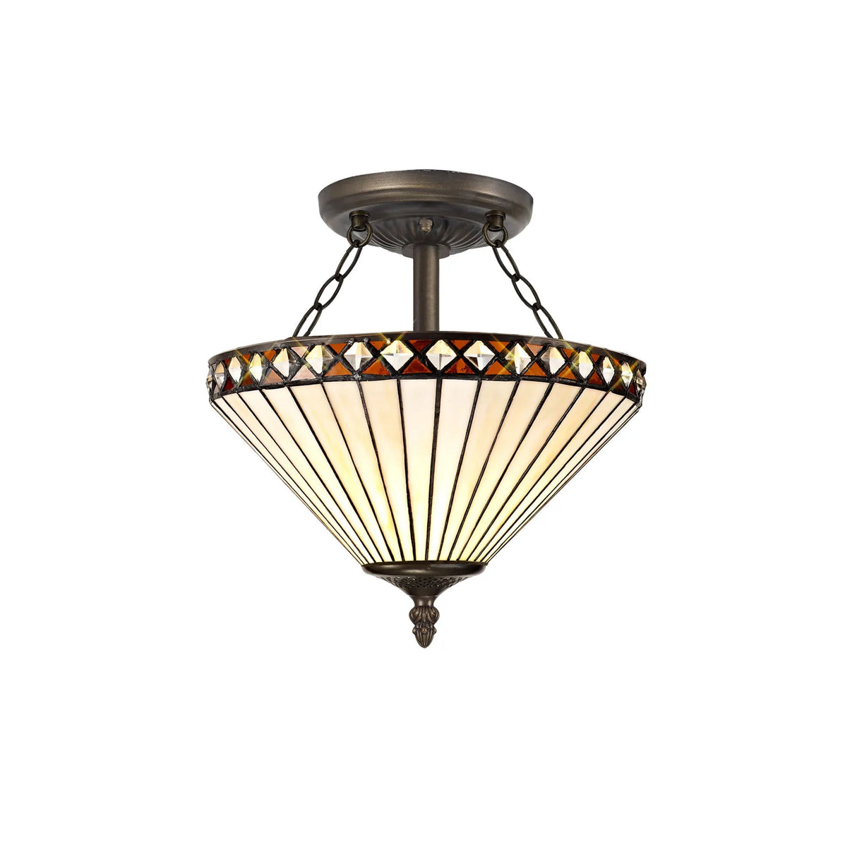 Wearne 2 Light Semi Flush E27 With 30cm Tiffany Shade, Amber/Cream/Crystal/Aged Antique Brass