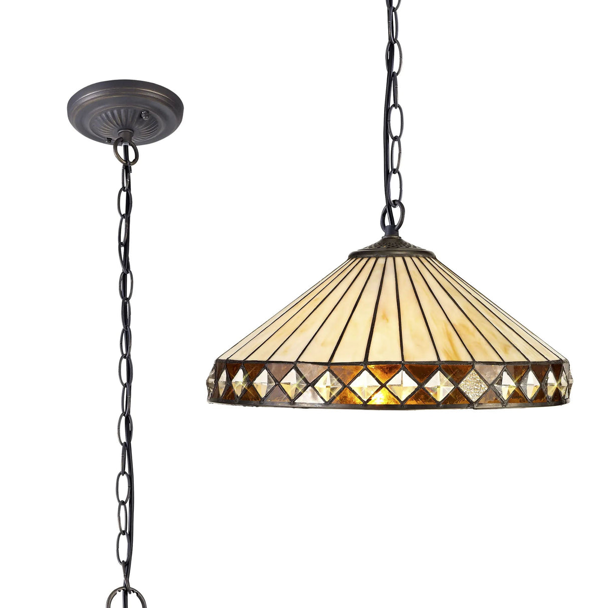 Wearne 1 Light Downlighter Pendant E27 With 40cm Tiffany Shade, Amber/Cream/Crystal/Aged Antique Brass