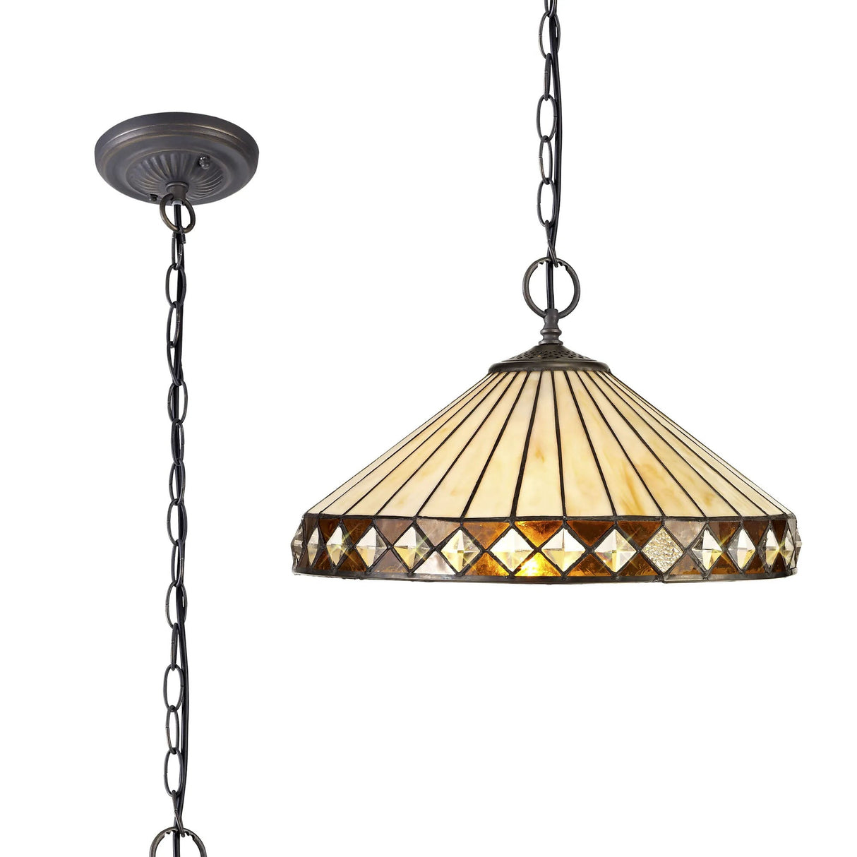 Wearne 2 Light Downlighter Pendant E27 With 40cm Tiffany Shade, Amber/Cream/Crystal/Aged Antique Brass