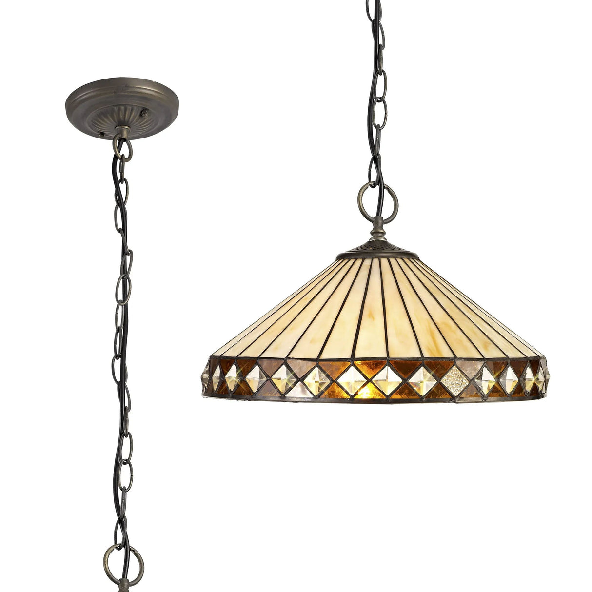 Wearne 3 Light Downlighter Pendant E27 With 40cm Tiffany Shade, Amber/Cream/Crystal/Aged Antique Brass
