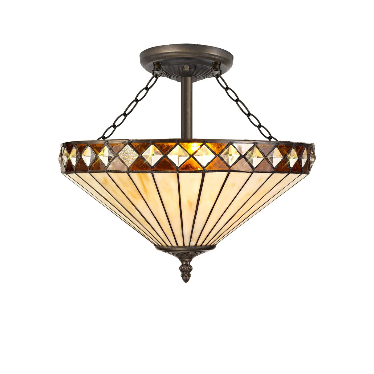 Wearne 3 Light Semi Flush E27 With 40cm Tiffany Shade, Amber/Cream/Crystal/Aged Antique Brass