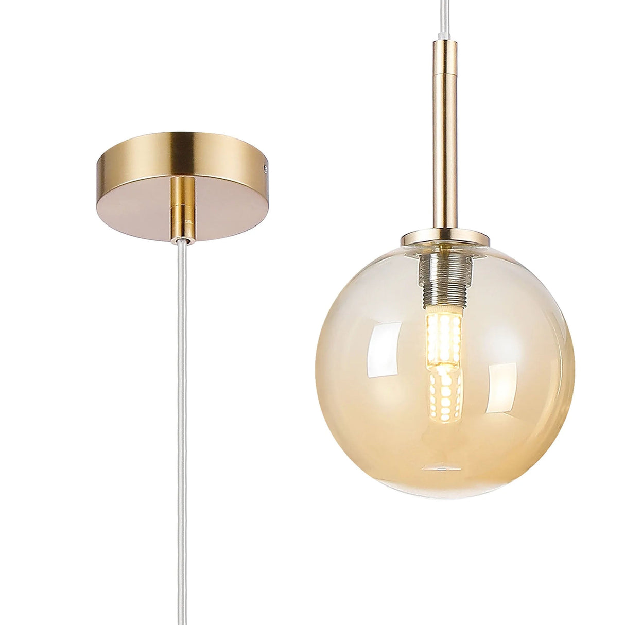 Whitley 12cm Adjustable Pendant, 1 Light G9, IP44, Brass Gold/Amber Smooth Round Glass