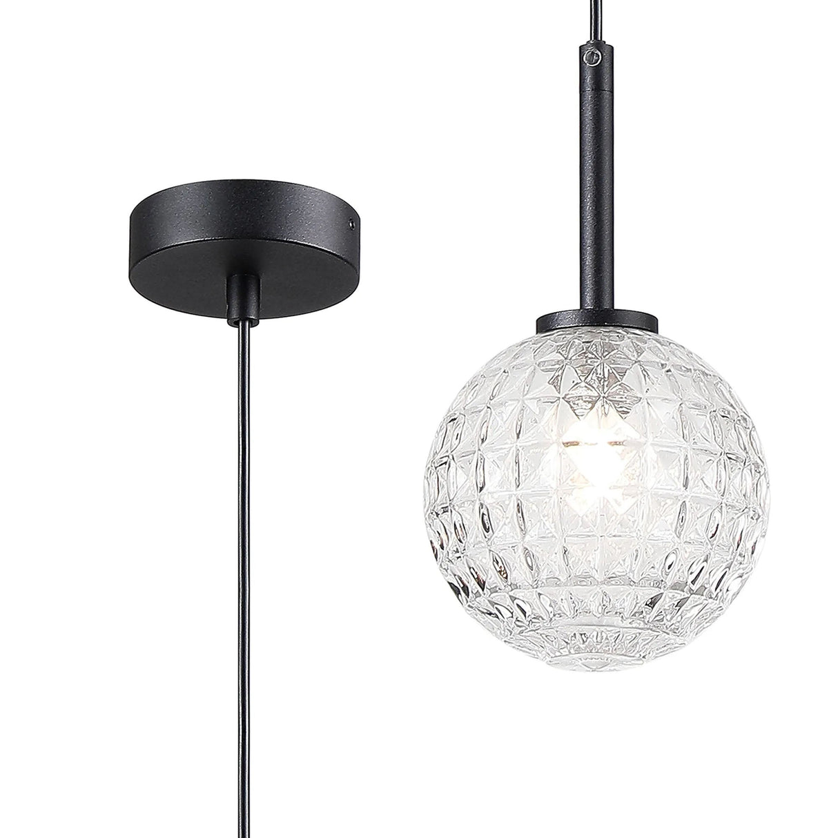Whitley 12cm Adjustable Pendant, 1 Light G9, IP44, Satin Black/Clear Cross Pattern Round Glass