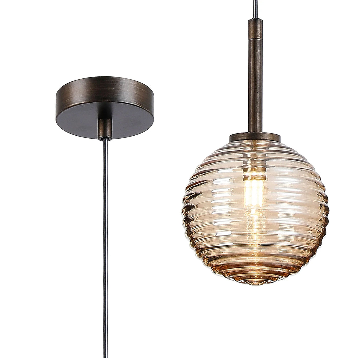 Whitley 12cm Adjustable Pendant, 1 Light G9, IP44, Bronze/Amber Ribbed Round Glass