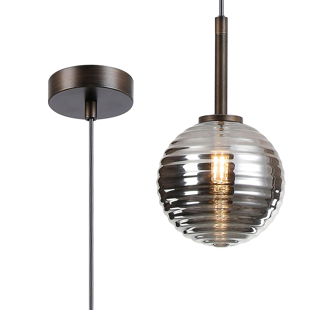 Whitley 12cm Adjustable Pendant, 1 Light G9, IP44, Bronze/Smoke Ribbed Round Glass