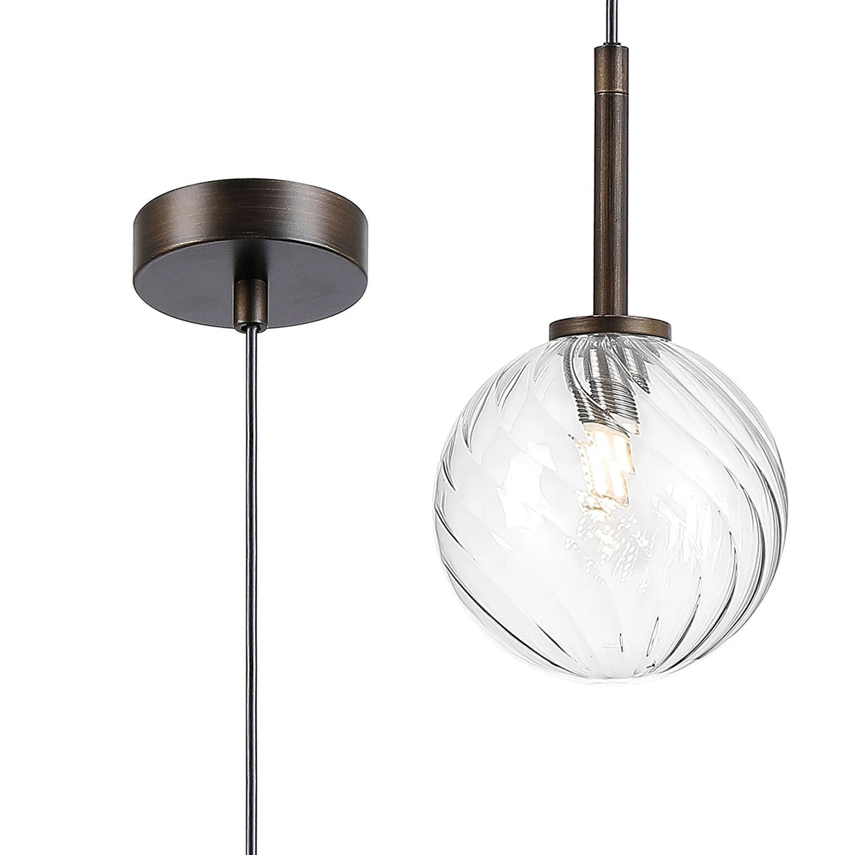 Whitley 12cm Adjustable Pendant, 1 Light G9, IP44, Bronze/Clear Swirl Round Glass