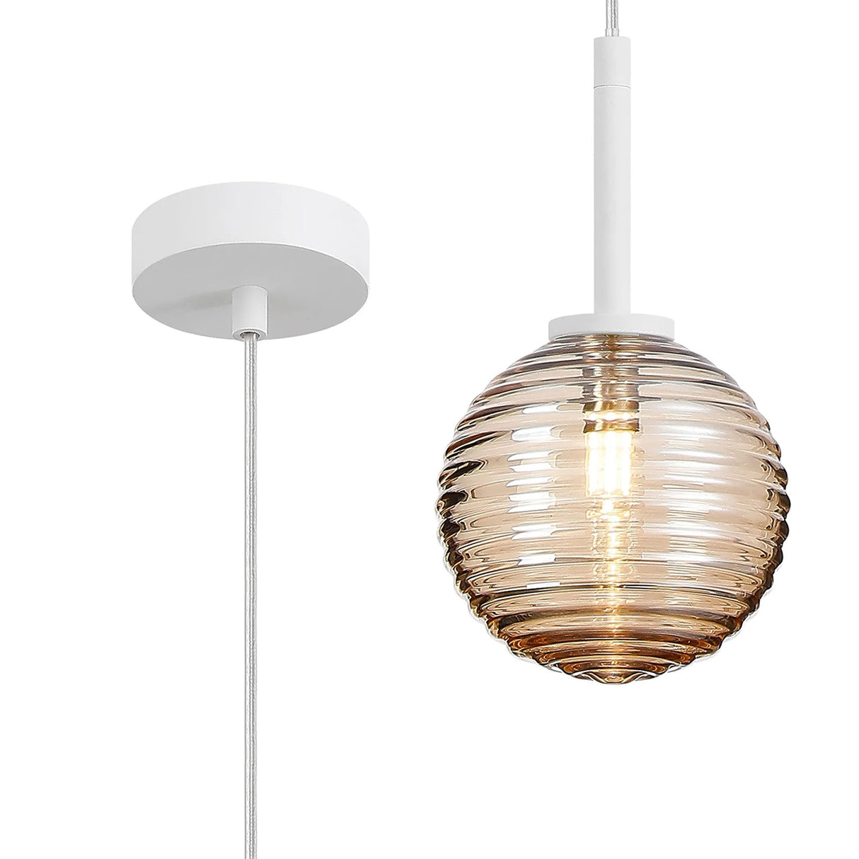 Whitley 12cm Adjustable Pendant, 1 Light G9, IP44, Satin White/Amber Ribbed Round Glass