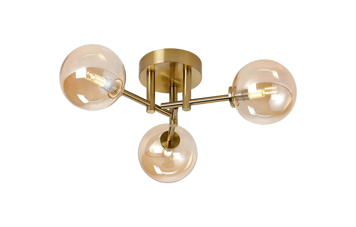 Whitley Round Semi Flush Ceiling 3 Light IP44 Brass Gold/Amber Smooth Round Glass