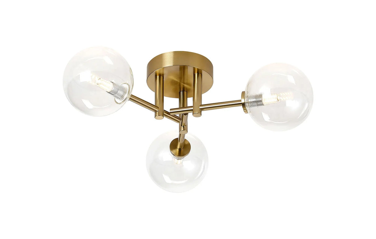 Whitley Round Semi Flush Ceiling 3 Light IP44 Brass Gold/Clear Smooth Round Glass