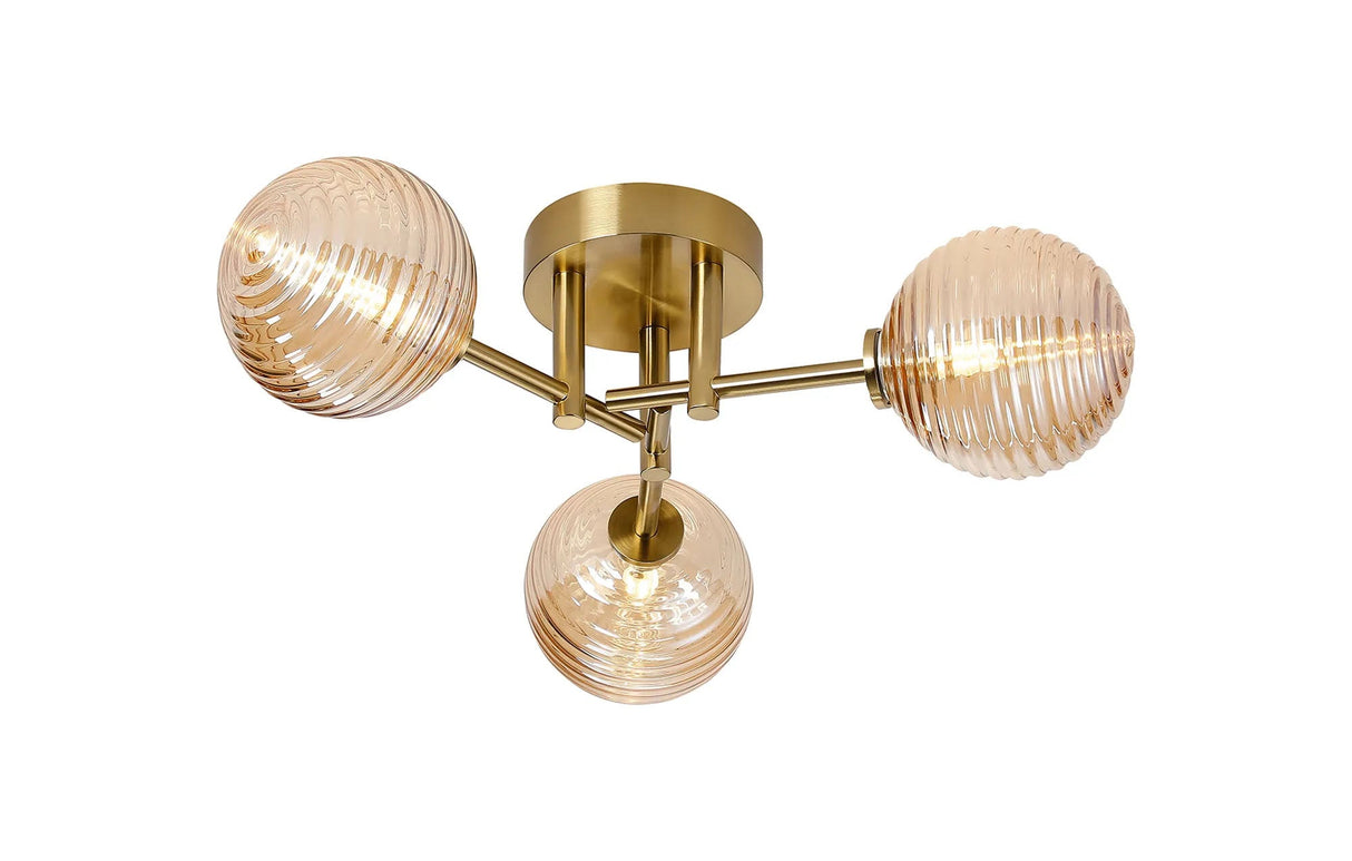 Whitley Round Semi Flush Ceiling 3 Light IP44 Brass Gold/Amber Ribbed Round Glass