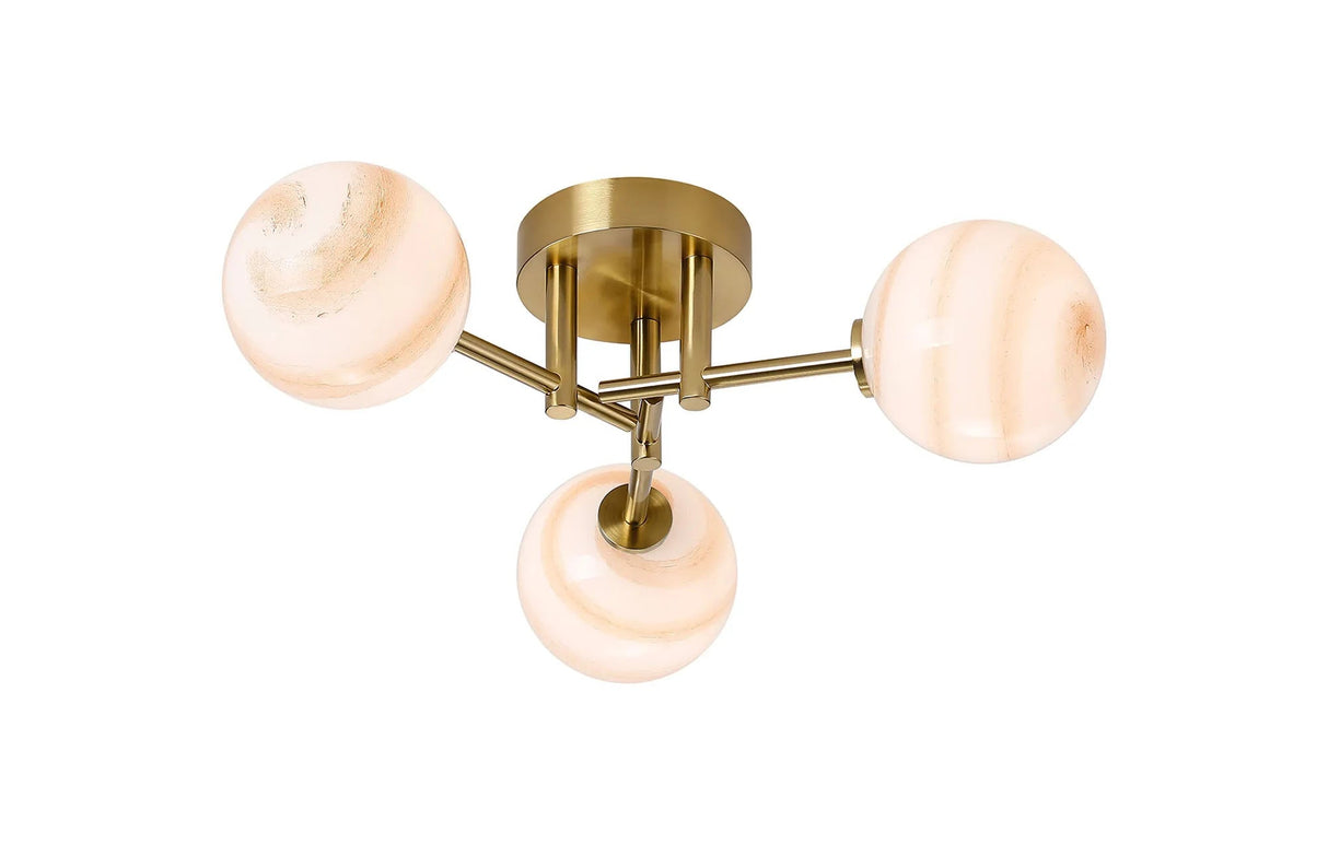 Whitley Round Semi Flush Ceiling 3 Light IP44 Brass Gold/Brown Round Marble Effect Glass