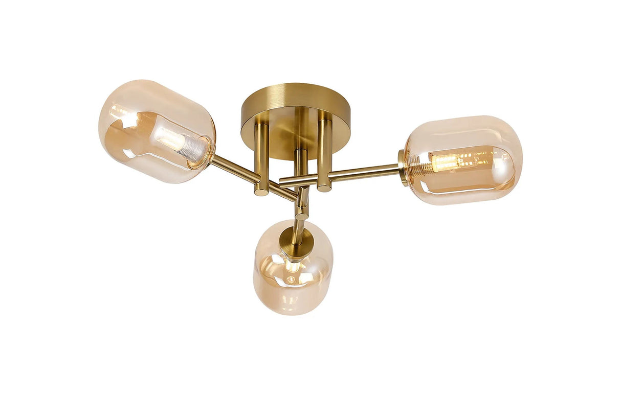 Whitley Round Semi Flush Ceiling 3 Light IP44 Brass Gold/Amber Smooth Tubular Glass
