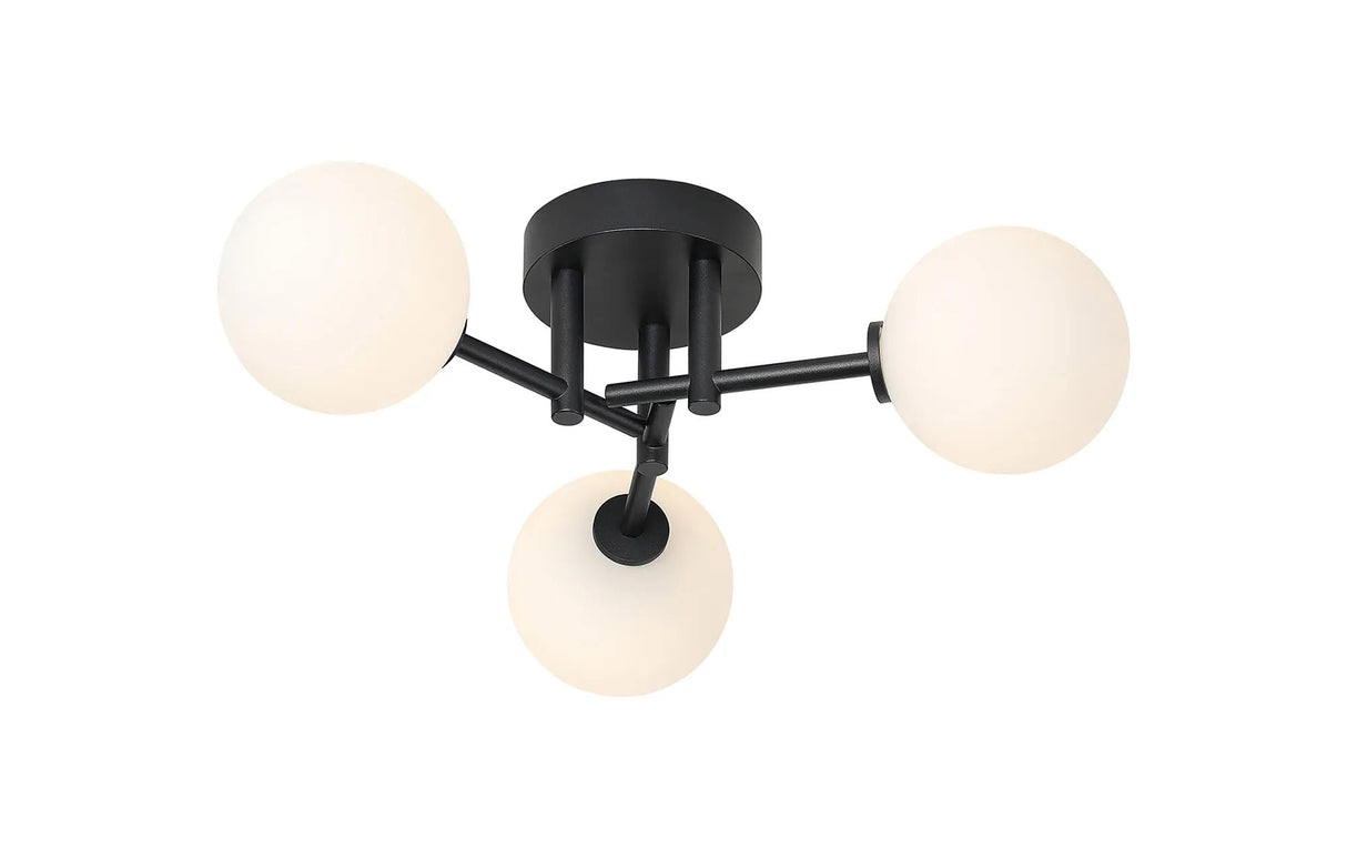 Whitley Round Semi Flush Ceiling 3 Light IP44 Satin Black/Opal Smooth Round Glass