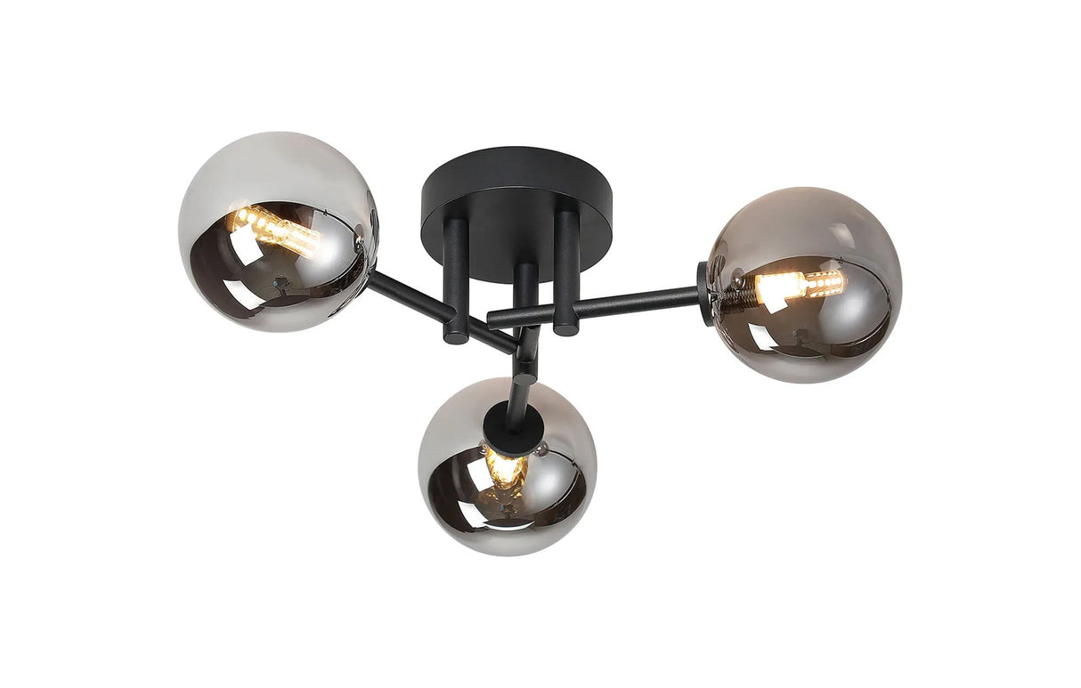 Whitley 44.5cm Semi Flush Ceiling Round, 3 Light G9, IP44, Satin Black/Smoke Smooth Round Glass