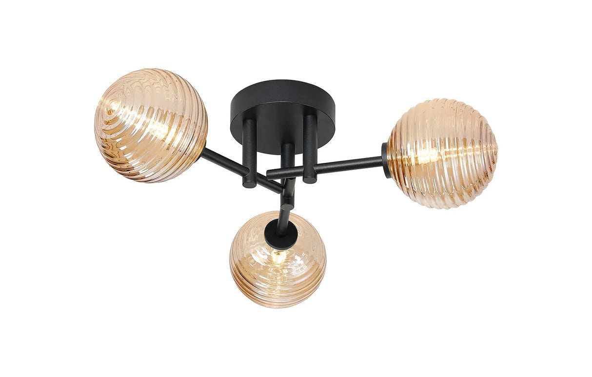Whitley 44.5cm Semi Flush Ceiling Round, 3 Light G9, IP44, Satin Black/Amber Ribbed Round Glass