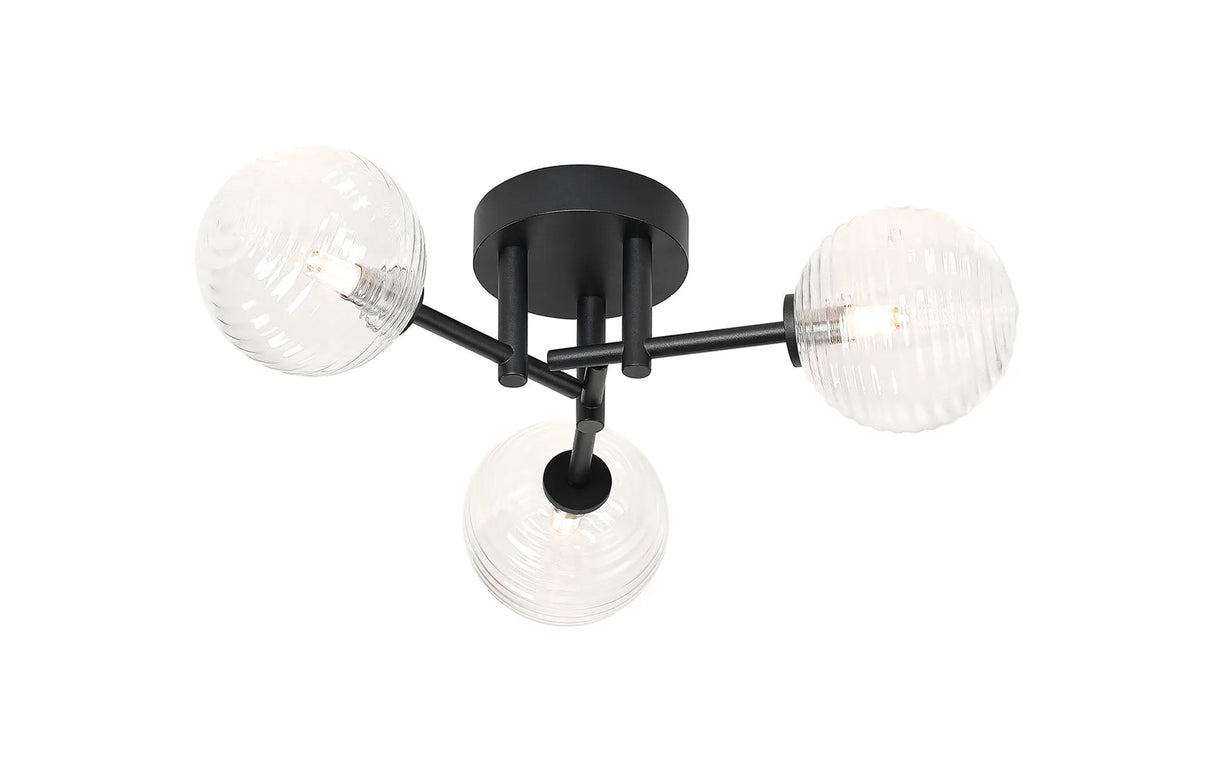 Whitley 44.5cm Semi Flush Ceiling Round, 3 Light G9, IP44, Satin Black/Clear Ribbed Round Glass