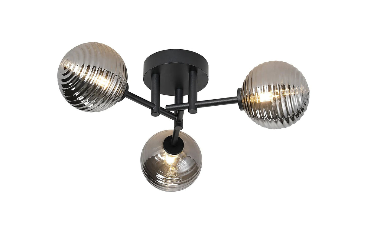 Whitley Round Semi Flush Ceiling 3 Light IP44 Satin Black/Smoke Ribbed Round Glass