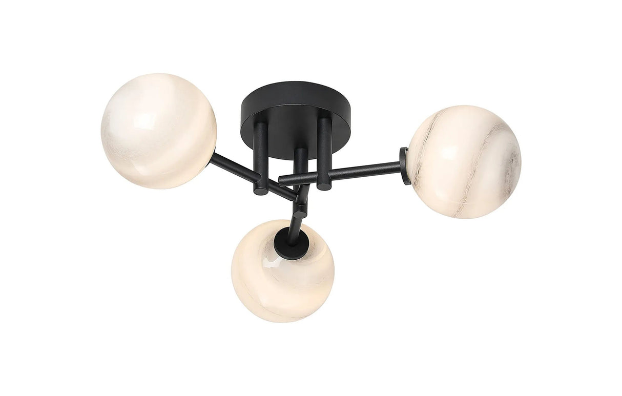 Whitley Round Semi Flush Ceiling 3 Light IP44 Satin Black/Grey Round Marble Effect Glass