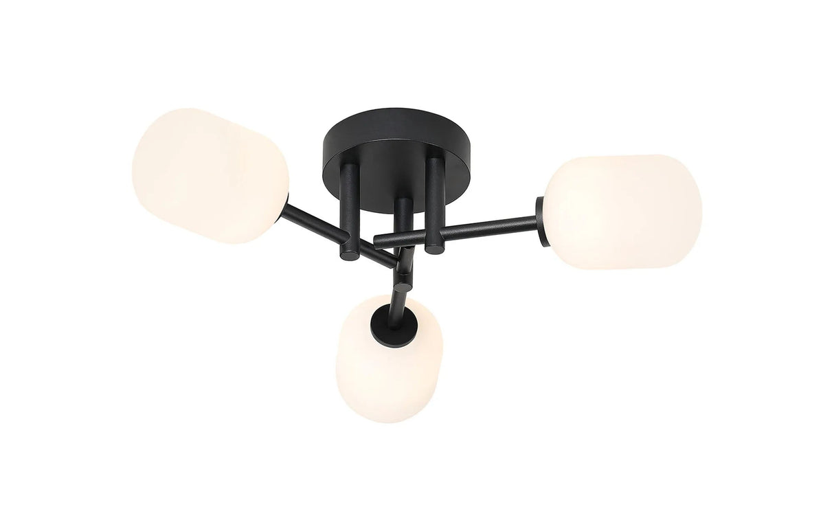 Whitley 46cm Semi Flush Ceiling Round, 3 Light G9, IP44, Satin Black/Opal Smooth Tubular Glass