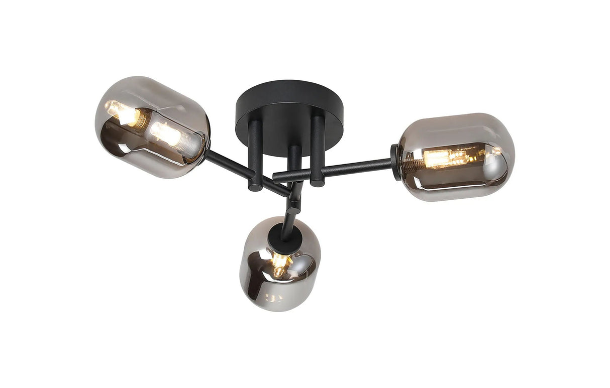 Whitley Round Semi Flush Ceiling 3 Light IP44 Satin Black/Smoke Smooth Tubular Glass