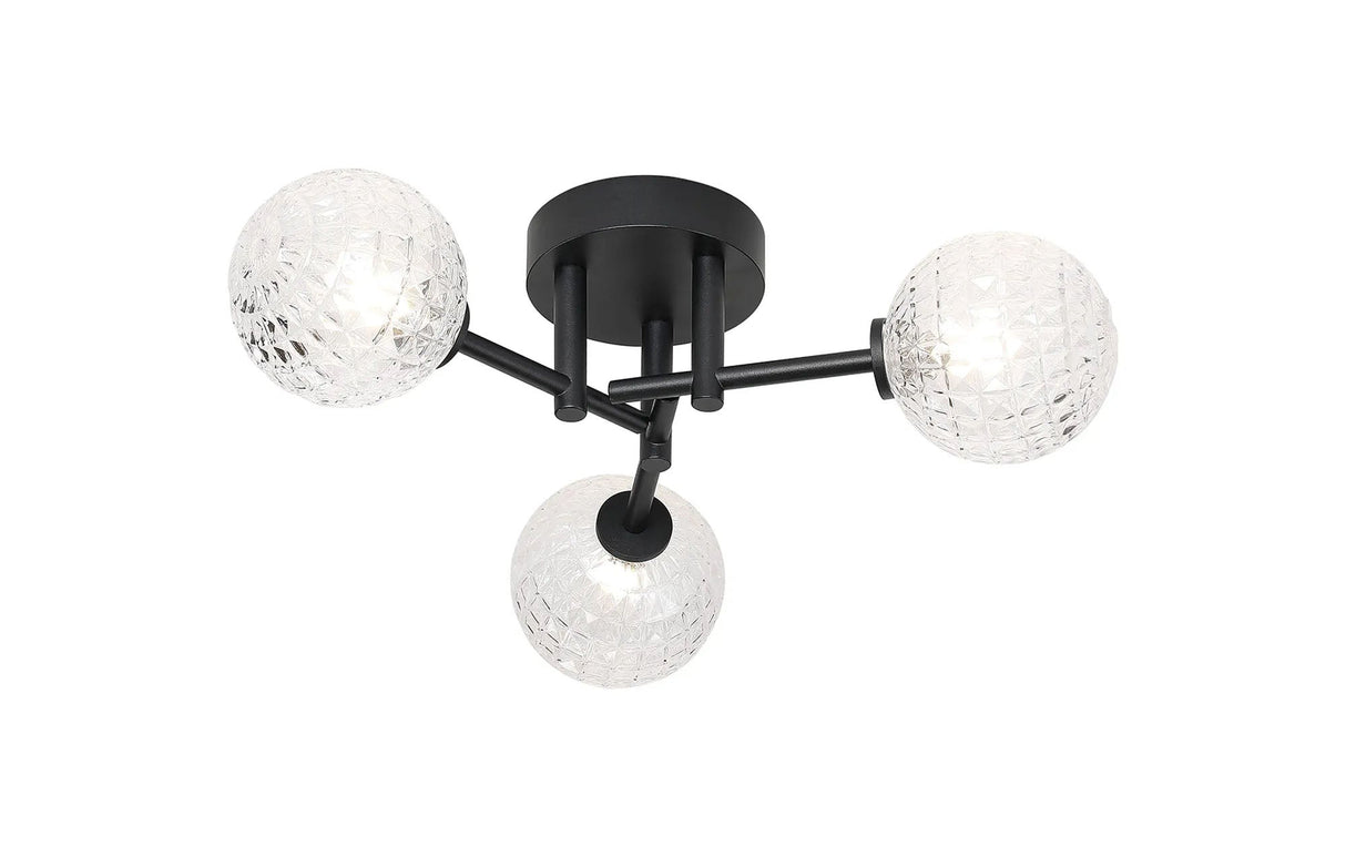 Whitley Round Semi Flush Ceiling 3 Light IP44 Satin Black/Clear Cross Pattern Round Glass