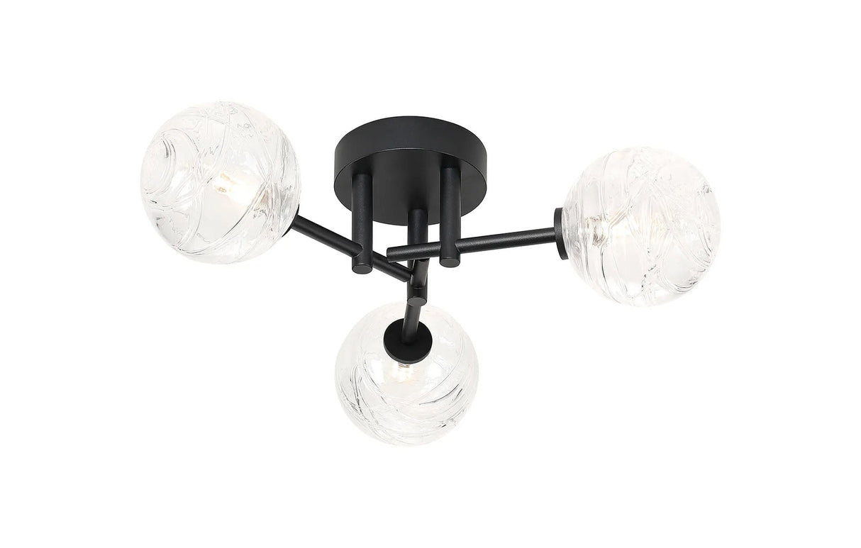Whitley 44.5cm Semi Flush Ceiling Round, 3 Light G9, IP44, Satin Black/Clear Dune Effect Round Glass