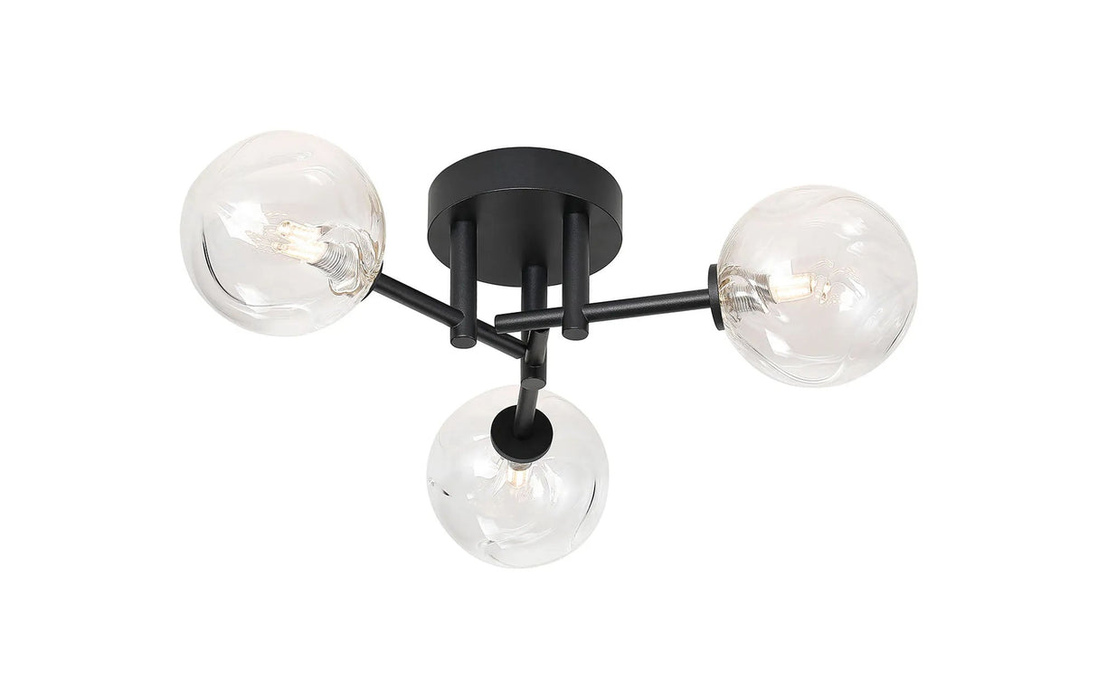 Whitley 44.5cm Semi Flush Ceiling Round, 3 Light G9, IP44, Satin Black/Clear Waved Round Glass