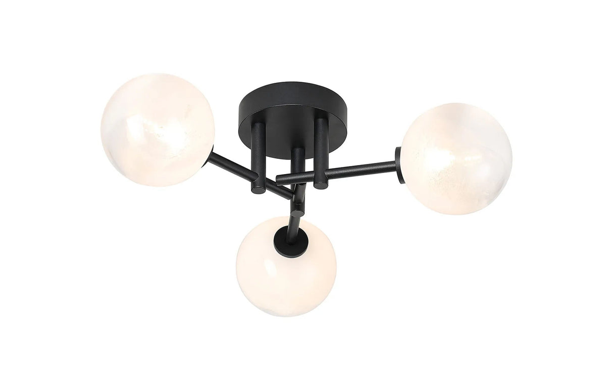 Whitley 44.5cm Semi Flush Ceiling Round, 3 Light G9, IP44, Satin Black/White/Clear Two-Tone Snow Specks Round Glass