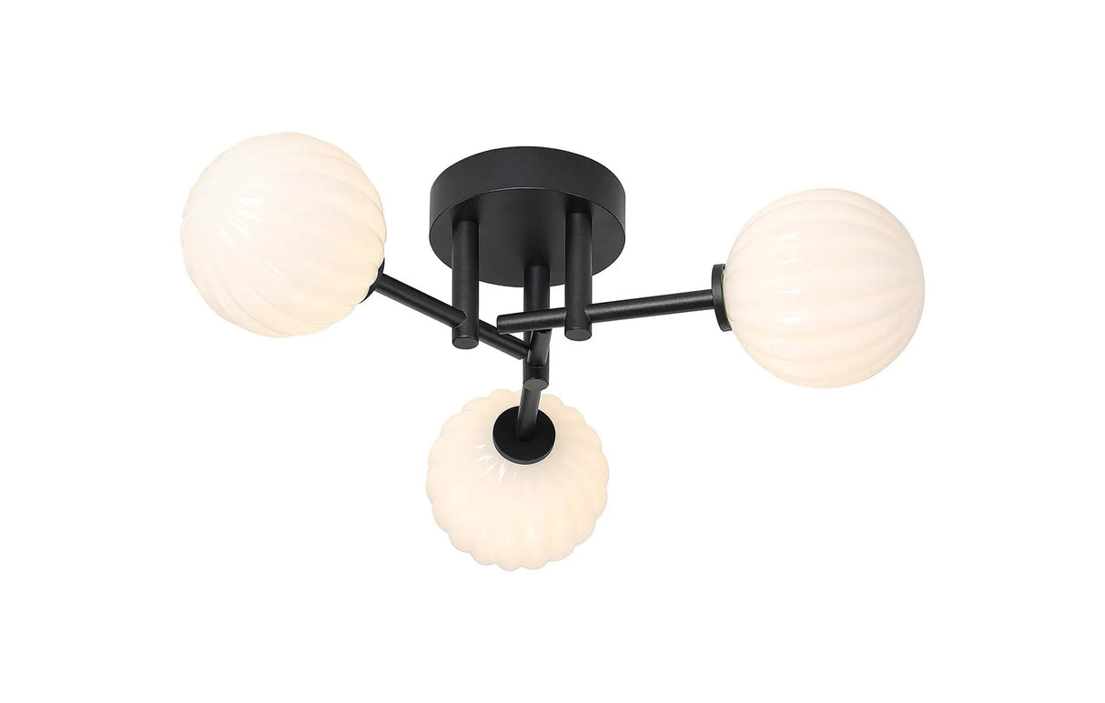 Whitley Round Semi Flush Ceiling 3 Light IP44 Satin Black/Opal Round Segment Glass