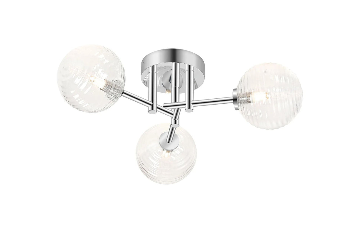 Whitley Round Semi Flush Ceiling 3 Light IP44 Polished Chrome/Clear Ribbed Round Glass
