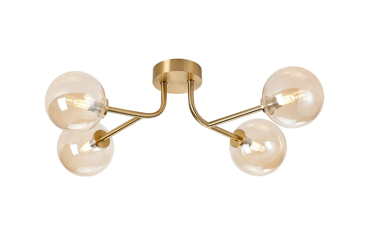 Whitley Linear Semi Flush Ceiling 4 Light IP44 Brass Gold/Amber Smooth Round Glass