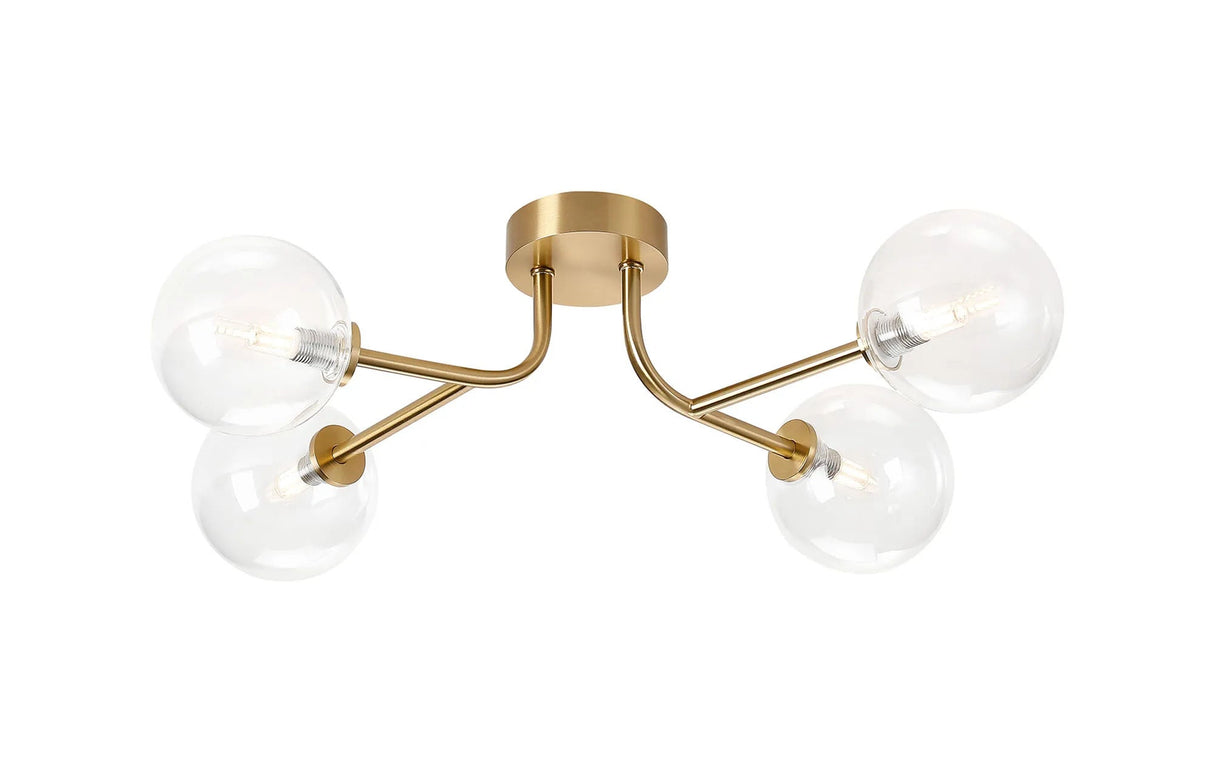 Whitley Linear Semi Flush Ceiling 4 Light IP44 Brass Gold/Clear Smooth Round Glass