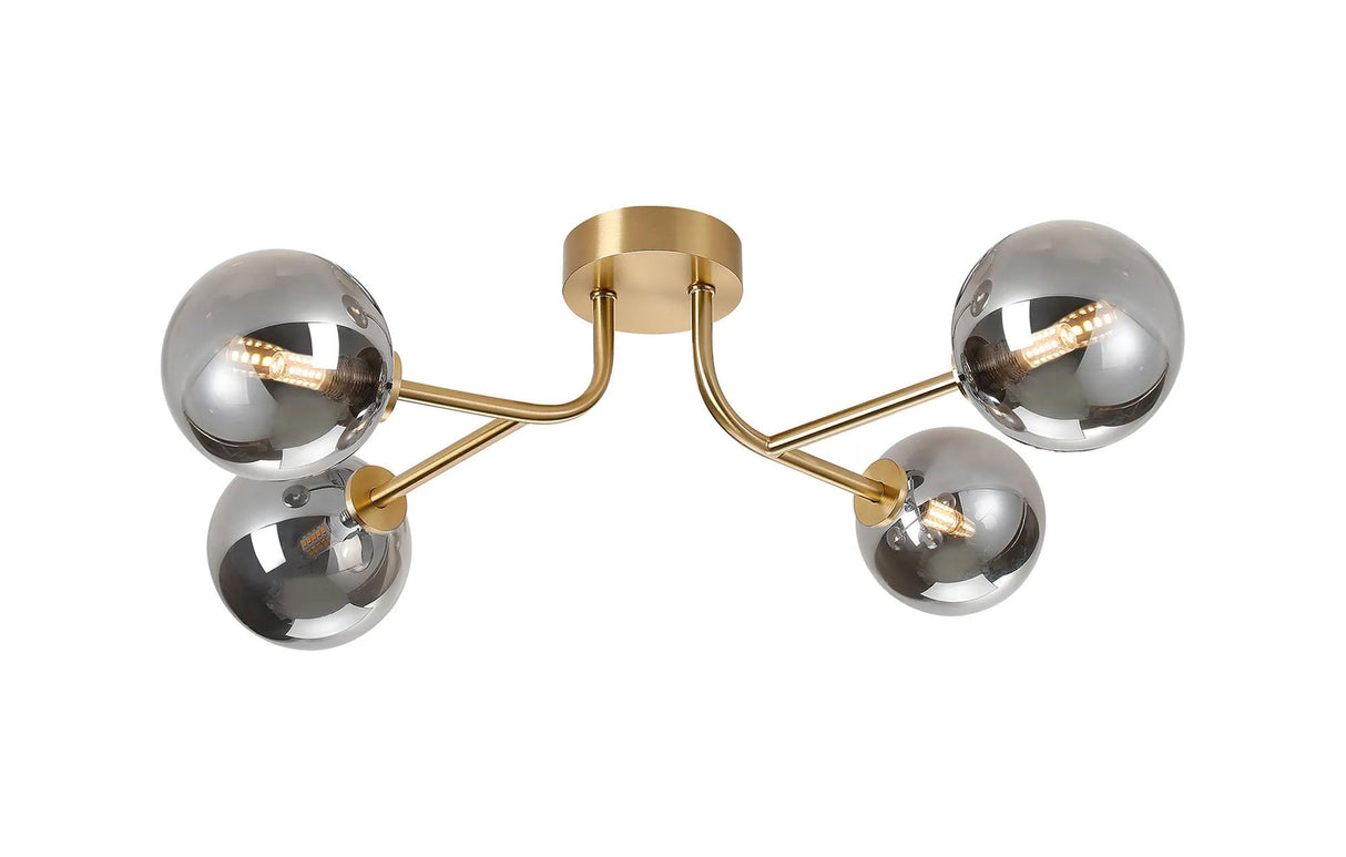 Whitley Linear Semi Flush Ceiling, 4 Light G9, IP44, Brass Gold/Smoke Smooth Round Glass