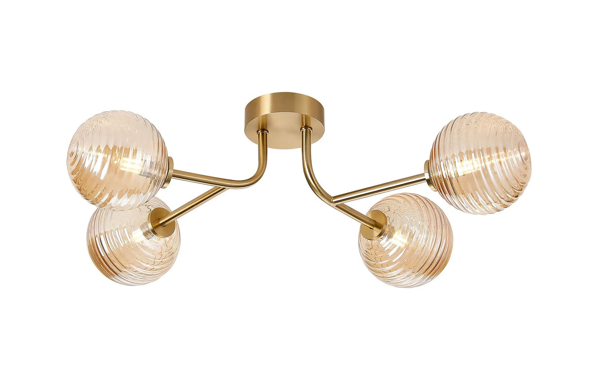 Whitley Linear Semi Flush Ceiling 4 Light IP44 Brass Gold/Amber Ribbed Round Glass