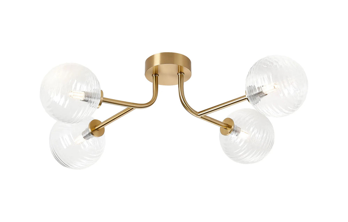 Whitley Linear Semi Flush Ceiling, 4 Light G9, IP44, Brass Gold/Clear Ribbed Round Glass