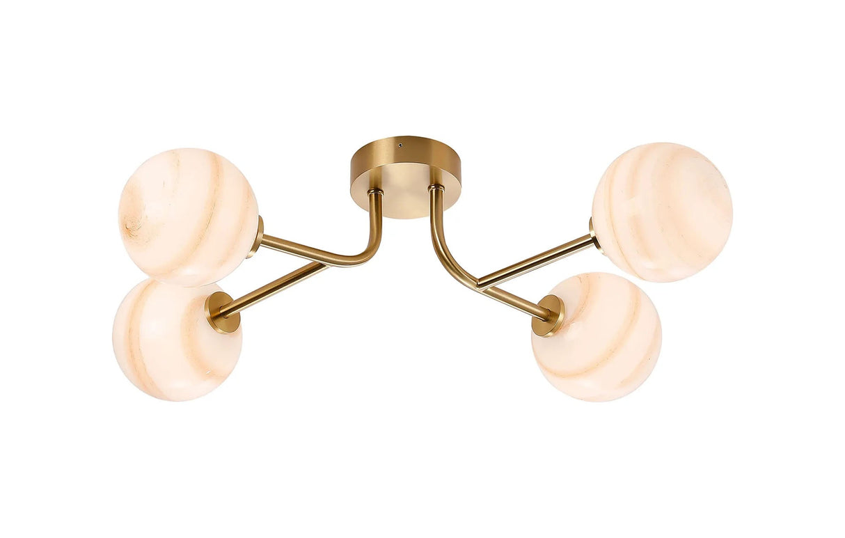 Whitley Linear Semi Flush Ceiling 4 Light IP44 Brass Gold/Brown Round Marble Effect Glass