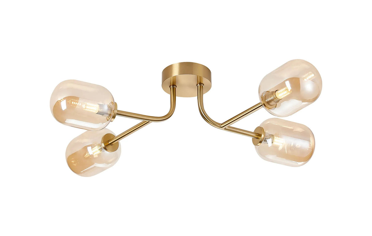 Whitley Linear Semi Flush Ceiling 4 Light IP44 Brass Gold/Amber Smooth Tubular Glass