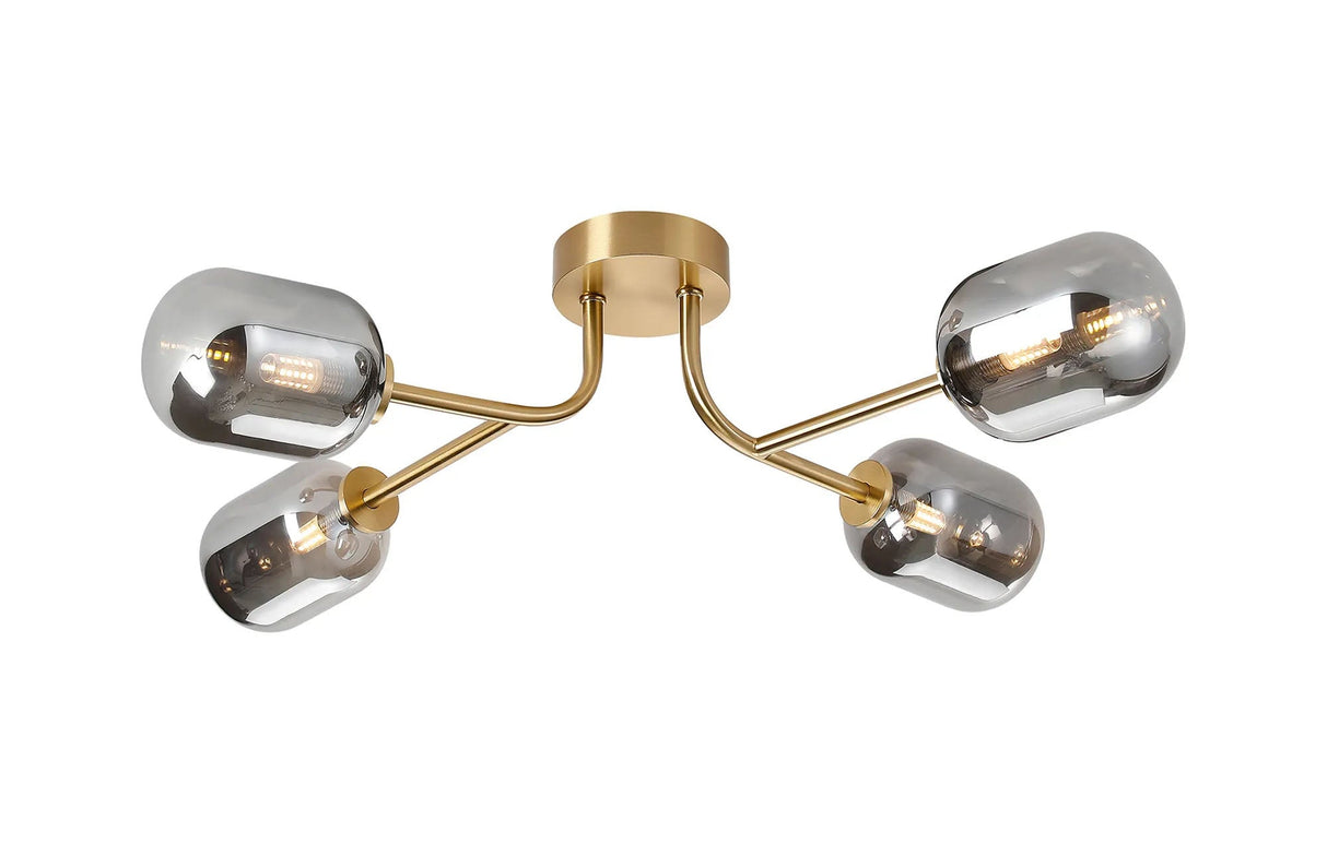 Whitley Linear Semi Flush Ceiling, 4 Light G9, IP44, Brass Gold/Smoke Smooth Tubular Glass