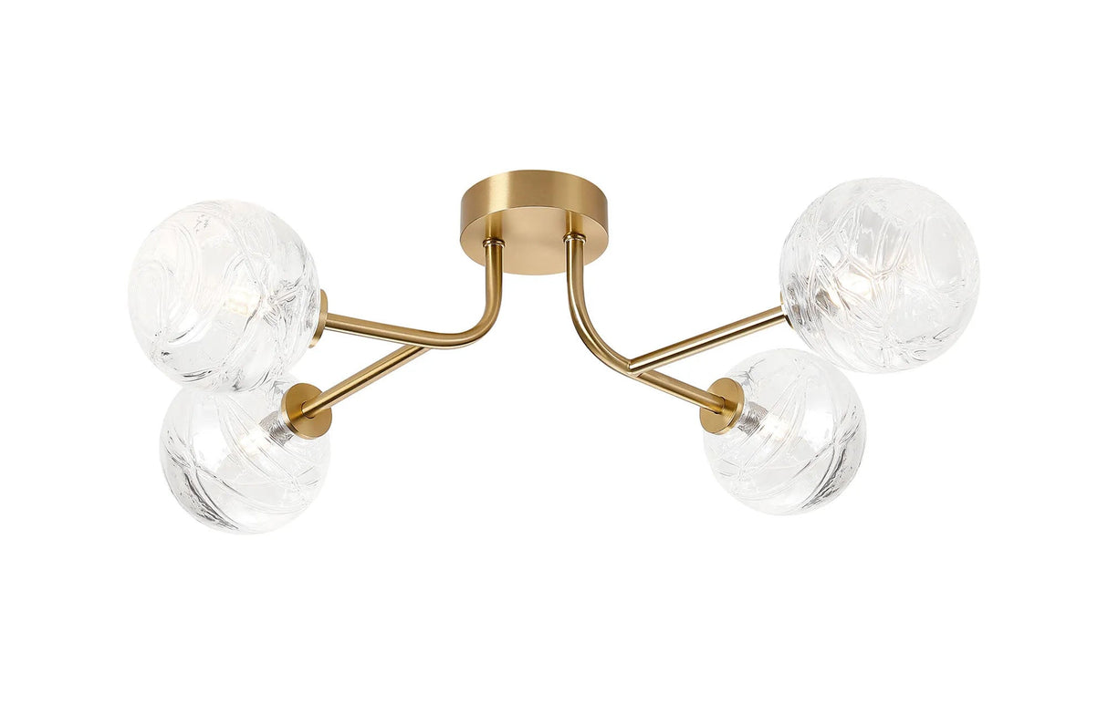 Whitley Linear Semi Flush Ceiling, 4 Light G9, IP44, Brass Gold/Clear Dune Effect Round Glass