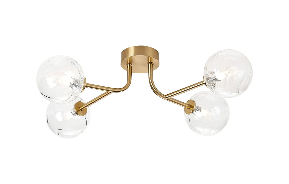 Whitley Linear Semi Flush Ceiling 4 Light IP44 Brass Gold/Clear Waved Round Glass