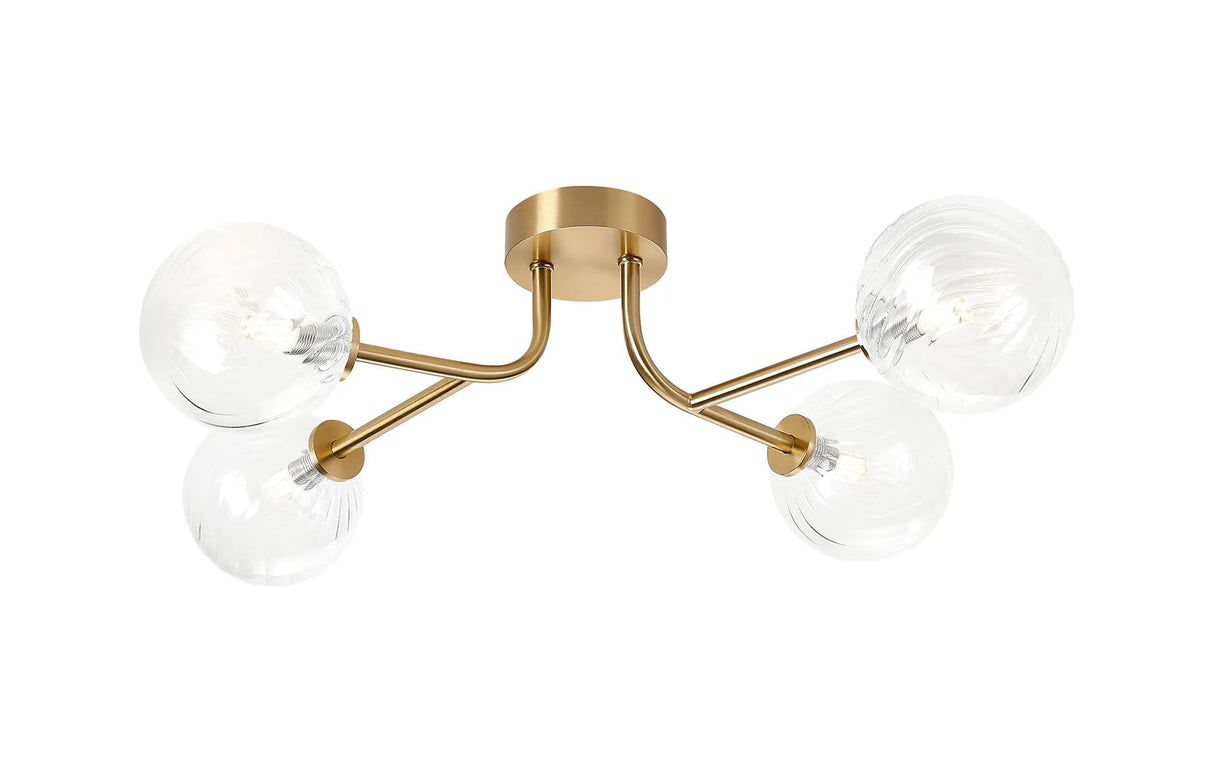 Whitley Linear Semi Flush Ceiling, 4 Light G9, IP44, Brass Gold/Clear Swirl Round Glass