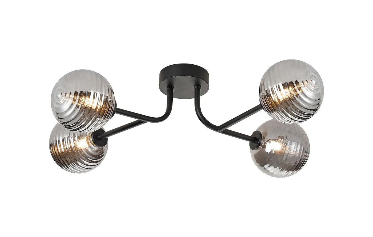 Whitley Linear Semi Flush Ceiling 4 Light IP44 Satin Black/Smoke Ribbed Round Glass