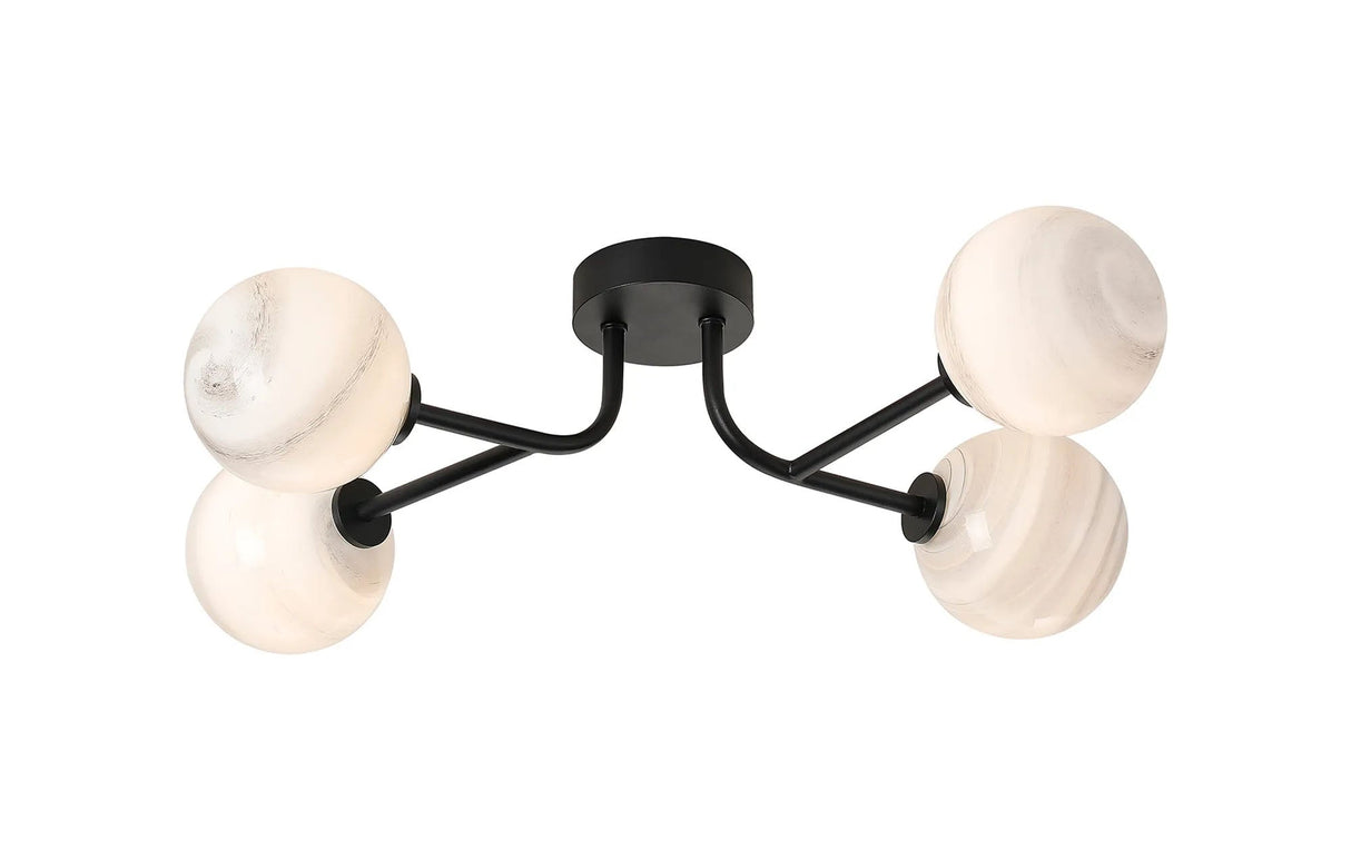 Whitley Linear Semi Flush Ceiling 4 Light IP44 Satin Black/Grey Round Marble Effect Glass