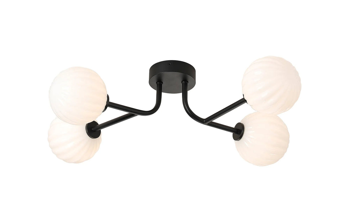 Whitley Linear Semi Flush Ceiling 4 Light IP44 Satin Black/Opal Round Segment Glass