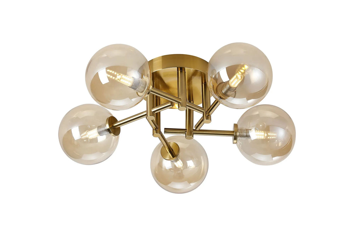 Whitley Round Semi Flush Ceiling 5 Light IP44 Brass Gold/Amber Smooth Round Glass