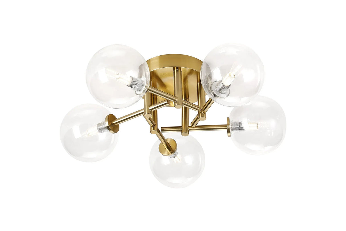 Whitley Round Semi Flush Ceiling 5 Light IP44 Brass Gold/Clear Smooth Round Glass