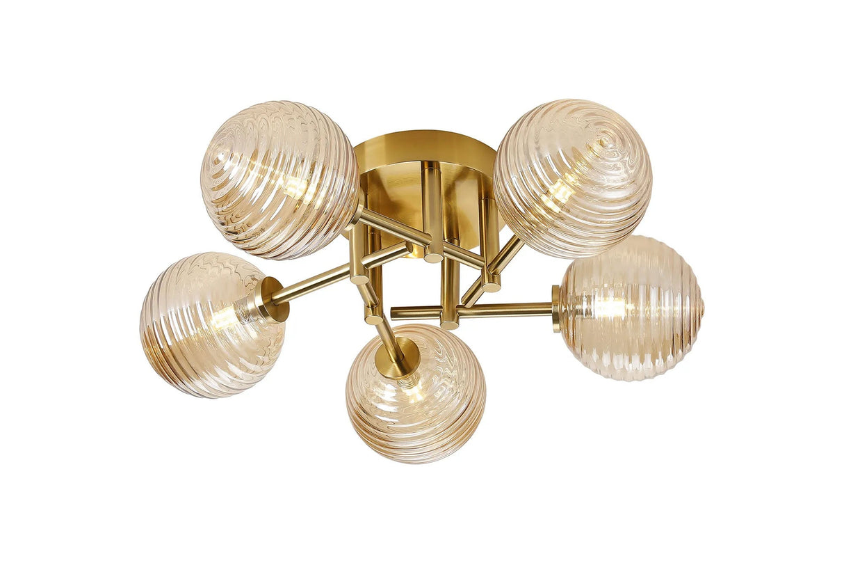 Whitley Round Semi Flush Ceiling 5 Light IP44 Brass Gold/Amber Ribbed Round Glass